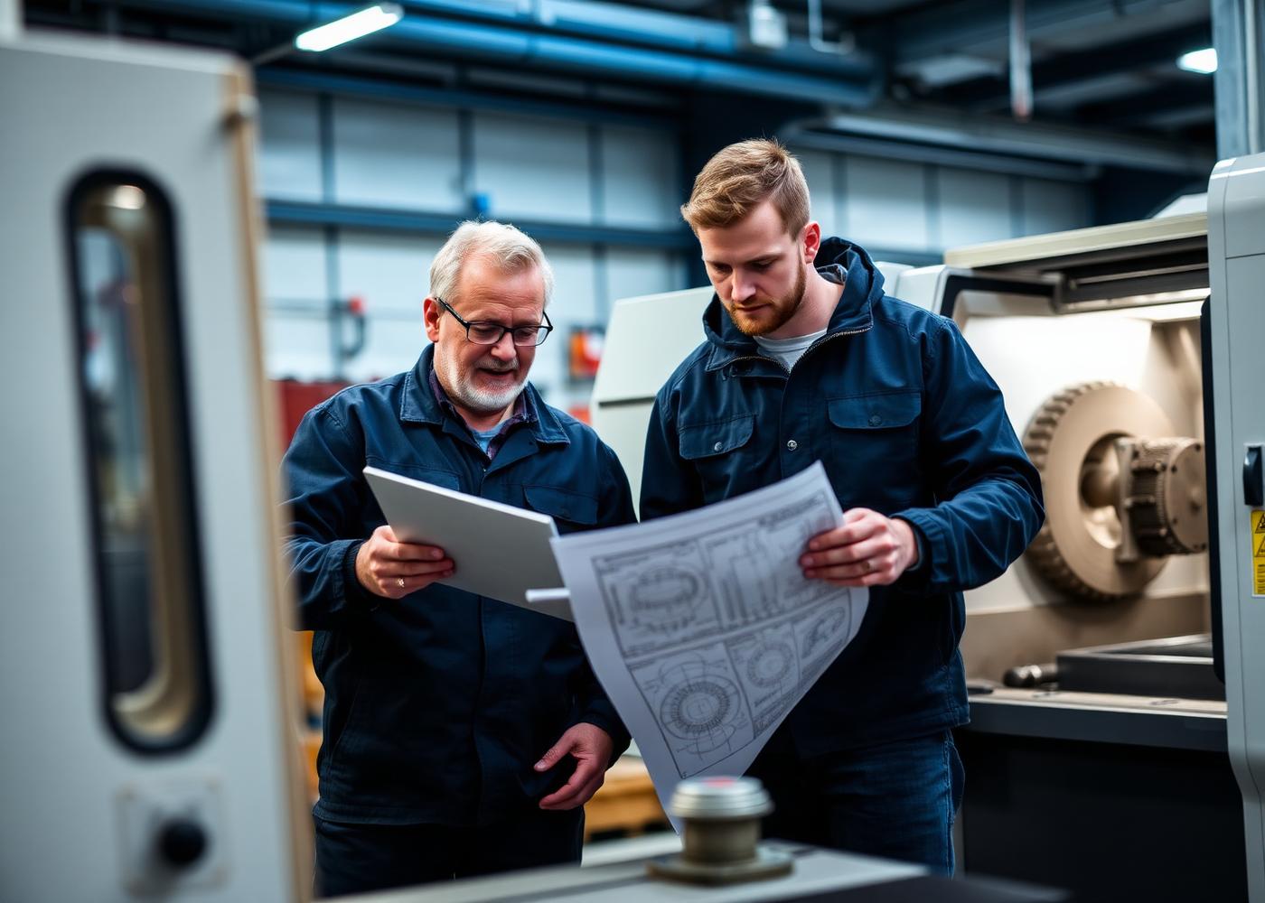 Accord Engineering engineers reviewing fabrication drawings on the shop floor